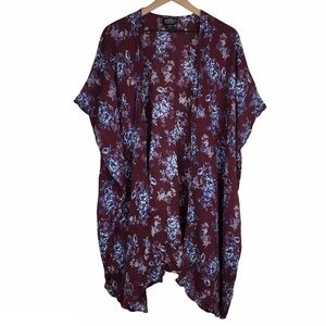 ANGIE Kimono Wrap Asymmetrical Floral Boho Oversized Burgundy Navy Size Medium